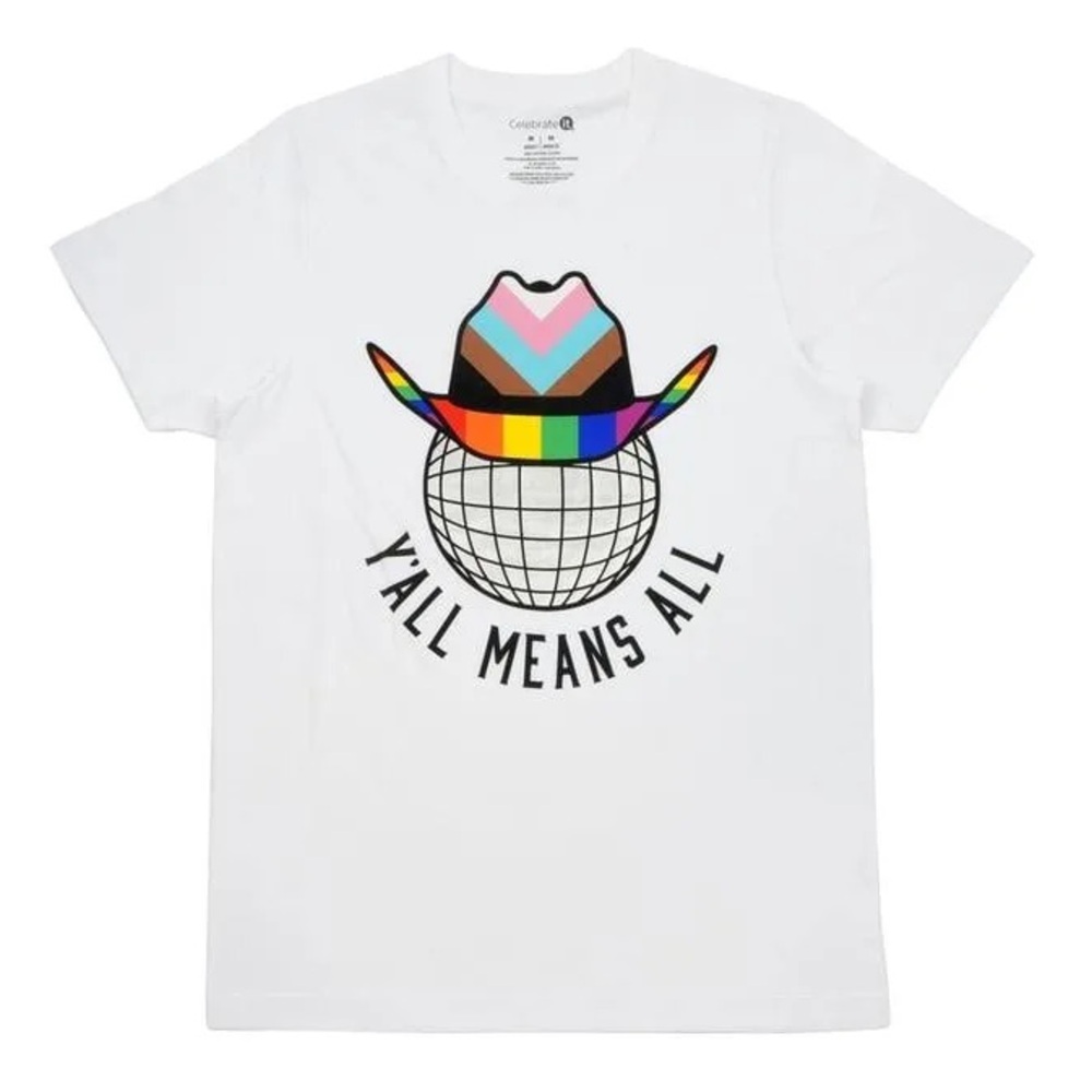 Cowboy Hat Rainbow “Y'all Means All” White Adult Unisex T-shirt S 100% Cotton